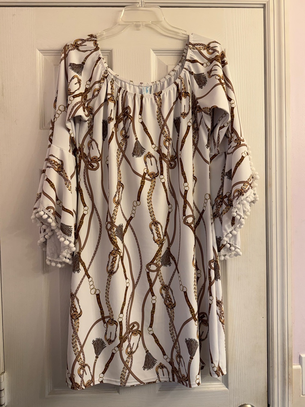 Patti Biggs Coastal Collection White Chain Print Pom-Pom Sleeve Tunic Size S